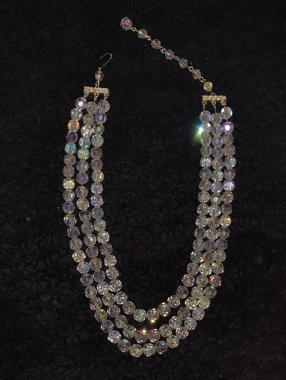 Vintage Crystal Aurora Borealis Triple Strand Necklace